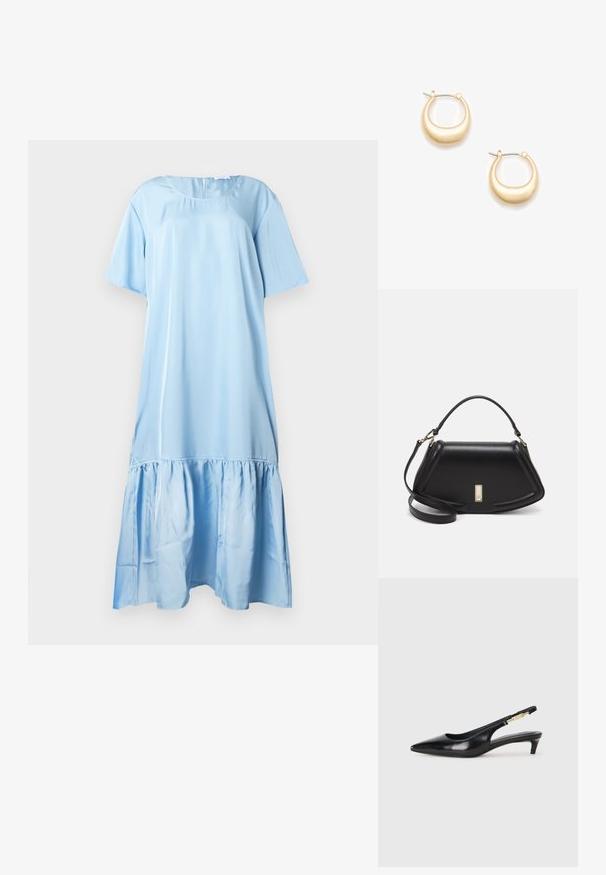 Jasnoniebieska sukienka z krótkim rękawem wykonana z gładkiego materiału. Posiada falbaniaste wykończenie dołu oraz zaokrąglony dekolt z zapięciem z tyłu.; Czarne skórzane szpilki typu slingback z ostrym noskiem, posiadające smukły obcas i złoty akcent na regulowanym pasku. Gładka tekstura.; Czarna skórzana torebka o strukturalnym designie, z przyciętą formą, górnym uchwytem i złotymi akcentami. W zestawie regulowany pasek na ramię.; Złocone kolczyki w kształcie okręgów o gładkiej, zaokrąglonej formie i błyszczącej powierzchni. Zabezpieczone srebrnym zawiasem.