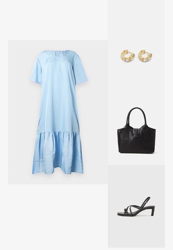 Vaaleansininen, lyhythihainen mekko sileästä kankaasta. Siinä on röyhelöinen helma ja pyöreä pääntie takakiinnityksellä.; Mustat hihnalligat, joissa on neliön muotoinen kärki ja matala lohkokorko. Ominaisuuksiin kuuluu useita ohuita hihnoja ja säädettävä nilkkahihna. Valmistettu sileästä nahasta.; Musta nahkainen olkalaukku, jossa on sileä pinta, ryhdikäs muoto, kaksi kahvaa ja silmienpistävä hopeinen solkiyksityiskohta edessä.; Kultaiset ympyräkorvakorut, joissa on tekstiurakuviointi ja kolme kirkasta kristallikoristetta yhdellä puolella, tarjoavat modernin geometrisen estetiikan.