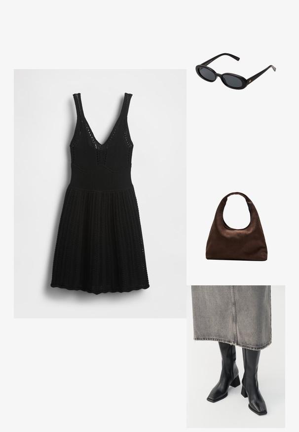 Čierne pletené šaty s výstrihom do V, tenkými ramienkami, rebrovanou štruktúrou a rozšírenou sukňou s otvorenými vzormi na korzete a leme.; Čierne kožené čižmy po kolená s hranatou špičkou a blokovým podpätkom. Nosené s sivou džínsovou sukňou s rozstrapkaným lemom.; Čierne oversized slnečné okuliare s oválnymi šošovkami, hladkým plastovým rámom a zlatými akcentmi na straniciach. Tmavé šošovky poskytujú ochranu pred slnkom.; Svetlohnedá kabelka v štýle hobo s jedným širokým popruhom a zakriveným otváraním na vrchu, vystavená na bielom pozadí.