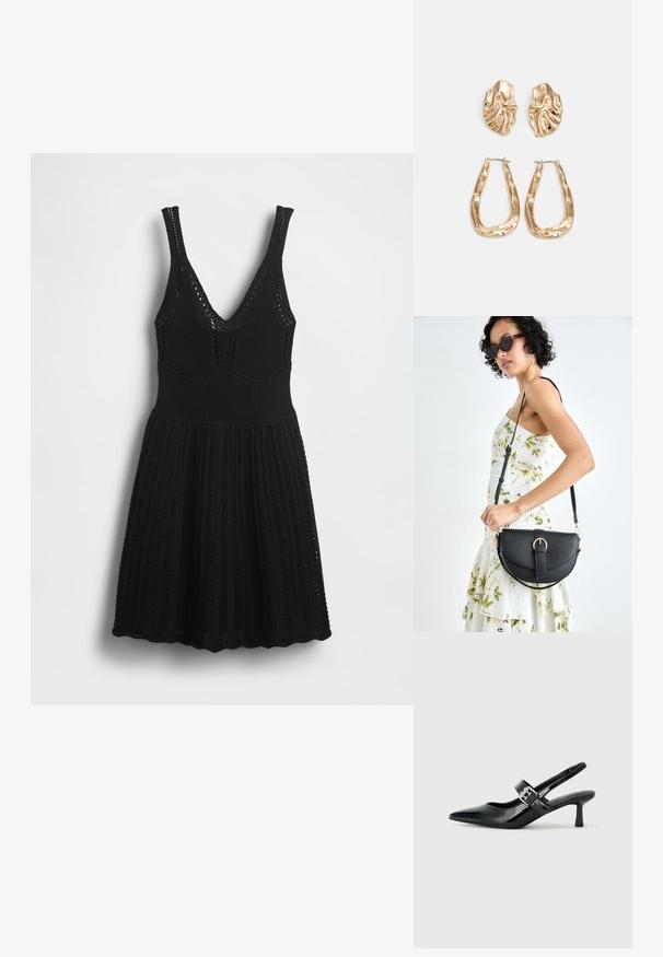 Musta neulottu mekko V-kaula-aukkolla, spagettihihnoilla, ribbineuloksella ja levenevällä helmalla, jolla on avopaljetti-kuvioita rinnan ja helman kohdalla.; Musta patenttinaahkakengät, joissa on osoittava kärki ja pieni lohko korko, varustettuna hopeisella soljella hihnassa.; Musta nahkainen käsilaukku, joka on kaareva muotoilultaan, irrotettavalla hihnalla ja kultaisilla yksityiskohdilla. Laukussa on läppä, jossa on solk yksityiskohta.; Korukultainen korvakorut, joissa on teksturoituja, aaltoilevia muotoja. Mukana on veistokselliset klipsikorvakorut ja avoin rengasmalli, jossa on vasaroitu pinta.