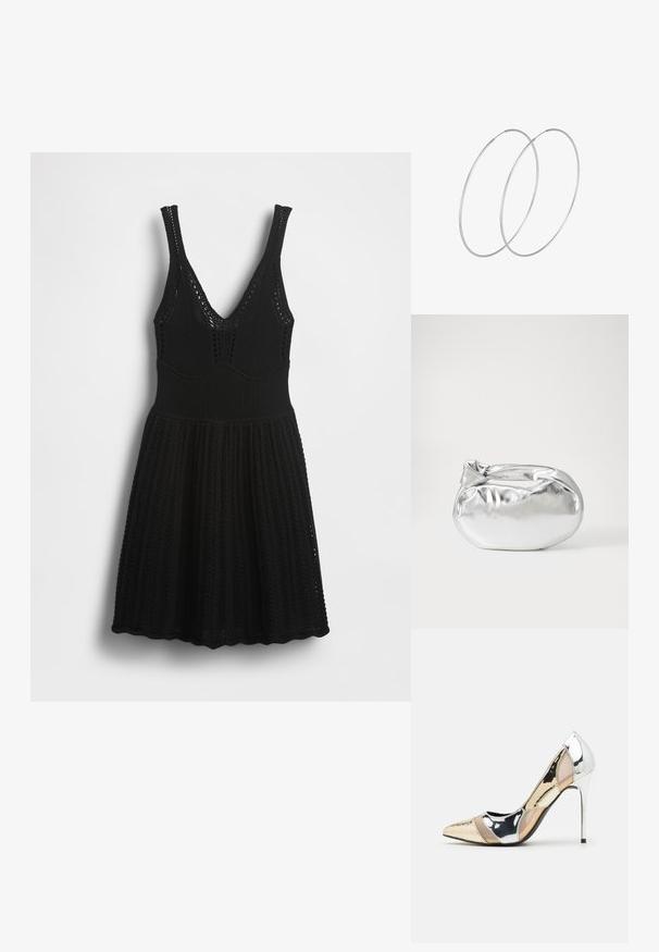Crna pletena haljina s V-izrezom, tankim naramenicama, rebrastom teksturom i proširenom suknjom s uzorcima na izvezenim dijelovima na tijelu i rubu.; Cipele s visokom potpeticom i špicastim vrhom u srebrnoj, zlatnoj i nude boji. Sjajan finiš s izrezbarenim dizajnom, s potpeticom u obliku stiletto.; Srebrna metalik torbica s mekim, zaobljenim oblikom i čvorastim zatvaranjem na vrhu. Izrađena od glatke sintetičke kože.; Srebrne okrugle naušnice s minimalističkim dizajnom. Kružni oblik, glatka tekstura i tanak profil. Lagane s poliranim završetkom.