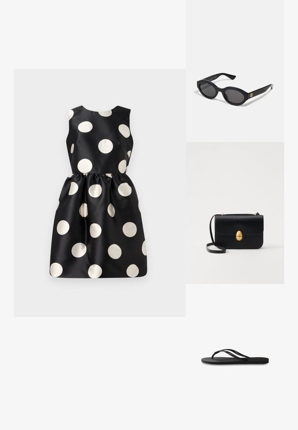 Vestido negro con grandes lunares blancos, diseño sin mangas, tela suave, cintura fruncida y escote redondo.; Chanclas negras con suela de goma texturizada, dos tiras delgadas y un sutil detalle de logo en relieve en la tira.; Gafas de sol negras en forma ovalada con lentes oscuros y montura de plástico brillante. Presenta un logo dorado en la patilla, ofreciendo un diseño elegante y moderno.; Bolso de mano de cuero negro con forma rectangular estructurada. Presenta un cierre ovalado dorado y una delgada correa para el hombro. Textura suave.