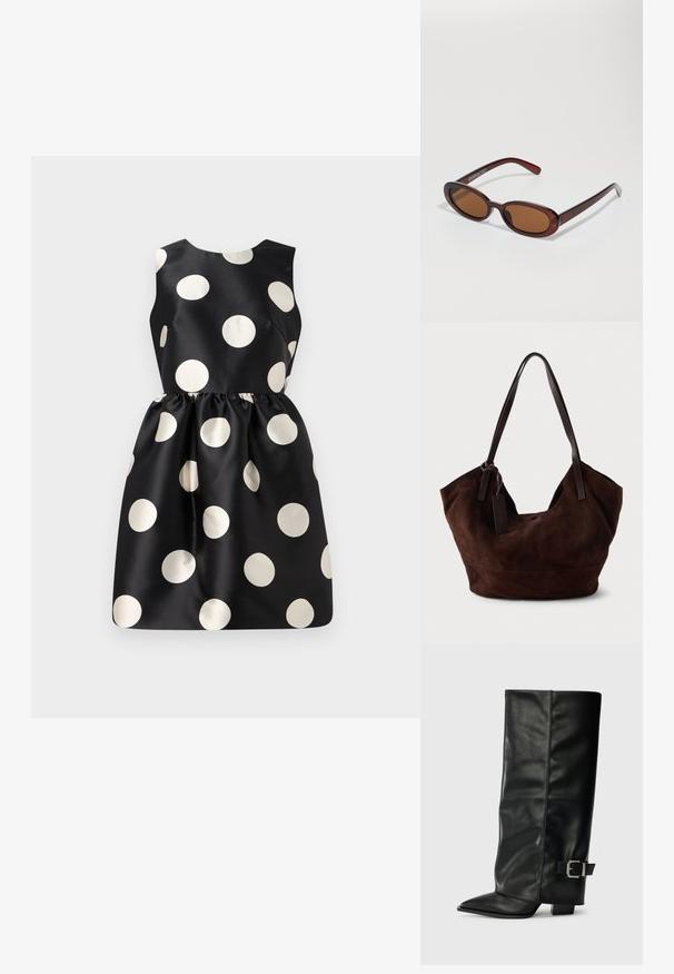 Čierne šaty s veľkými bielymi bodkami, bezrukávový strih, hladká tkanina, nariasený pás a okrúhly výstrih.; Čierne kožené členkové topánky s špicatou špičkou, hladkou textúrou a striebornou prackou na boku. Masívny štvorcový podpätok.; Okrúhle slnečné okuliare s hnedým nádychom a lesklým burgundským rámom. Úzke ramená s jemným brandovaním. Plochej šošovky dizajn.; Hnedá semišová kabelka s mäkkým, uvoľneným tvarom. Má kožené rúčky a ozdobný štítok. Jednoduchá textúra s zakrivenými švami.