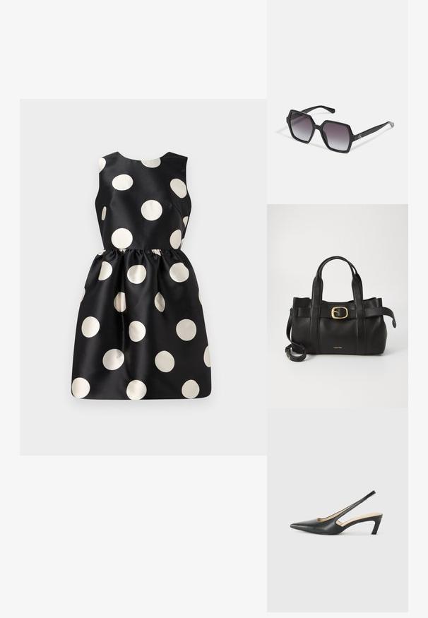 Juoda suknelė su dideliais baltais taškeliais, be rankovių, lygus kokybė, susiraukšlinta liemuo ir apvalus iškirpimas.; Juodas smailus slingback batelis su žemu kulnu, pagamintas iš lygaus odos paviršiaus ir su išpjovomis šone, užtikrinančiomis oro pralaidumą.; Juodos šešiakampės saulės akinių su gradientiniais lęšiais, turinčių blizgų paviršių ir subtilų prekės ženklą ant šventyklos. Patvari plastikinė konstrukcija.; Juodas odinis rankinės maišas su struktūrizuotu dizainu, dviem viršutinėmis rankenomis, auksinės spalvos sagtimi ir iškilniu prekės ženklu priekyje.