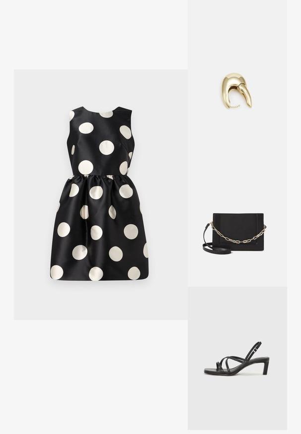 Crna haljina s velikim bijelim točkama, bez rukava, glatke tkanine, nabrana u struku i s okruglim izrezom.; Crne sandale s trakama, kvadratnim prstom i niskom blok petom. Ima više tankih trakica i podesivu trakicu oko gležnja. Izrađene su od glatke kože.; Crna kožna torba preko tijela s glatkom teksturom, pravokutnim oblikom i metalnim lancem na prednjoj strani. Uključena je podesiva naramenica.; Zlatne metalne naušnice s elegantnim, zakrivljenim dizajnom. Imaju karakterističan šiljast oblik, poliranu površinu i zatvaranje na šarku.
