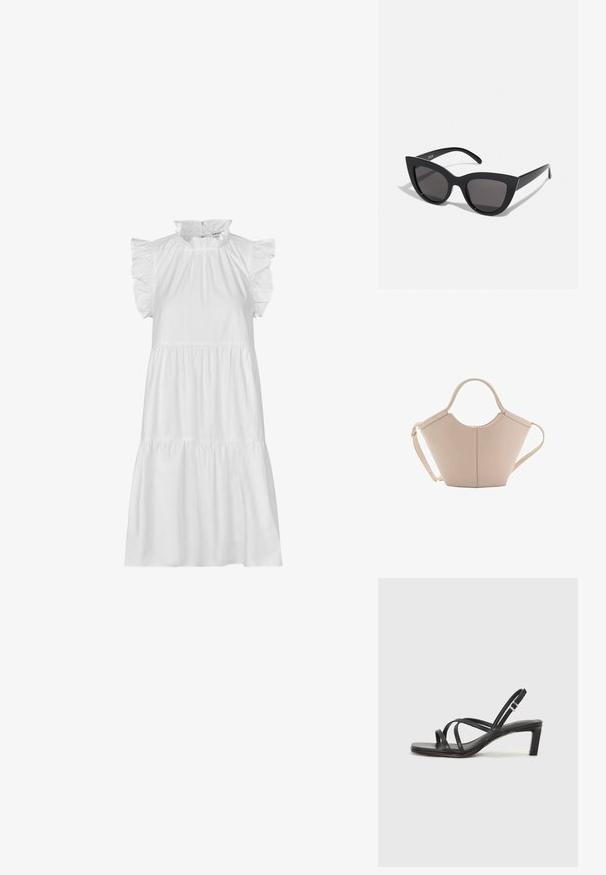 Modström IZAKMD - Robe de soirée - soft white; Sandale noire à lanières avec un bout carré et un petit talon bloc. Elle présente plusieurs fines lanières et une sangle de cheville ajustable. Fabriquée en cuir lisse.; Lunettes de soleil noires en forme d'œil de chat avec une finition mate, dotées de verres teintés gris, d'angles aigus et de branches élégantes. Nom de la marque visible sur la branche intérieure.; Sac à main en cuir beige avec une forme unique, doté de deux poignées courtes et d'une longue sangle réglable. Texture lisse avec un minimum de matériel.