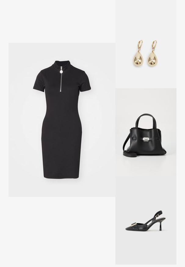 HUGO NALAYLA - Robe fourreau - black; Chaussure slingback en cuir noir avec un bout pointu, un talon fin et un accent en métal doré sur le devant. Texture lisse et design structuré.; Sac à main en cuir noir avec une finition texturée, doté de deux poignées supérieures, d'une bandoulière amovible et d'un détail de fermoir en argent.; Boucles d'oreilles en or en forme de goutte avec une finition polie, comportant un petit accent en pierre claire au crochet pour un détail supplémentaire.