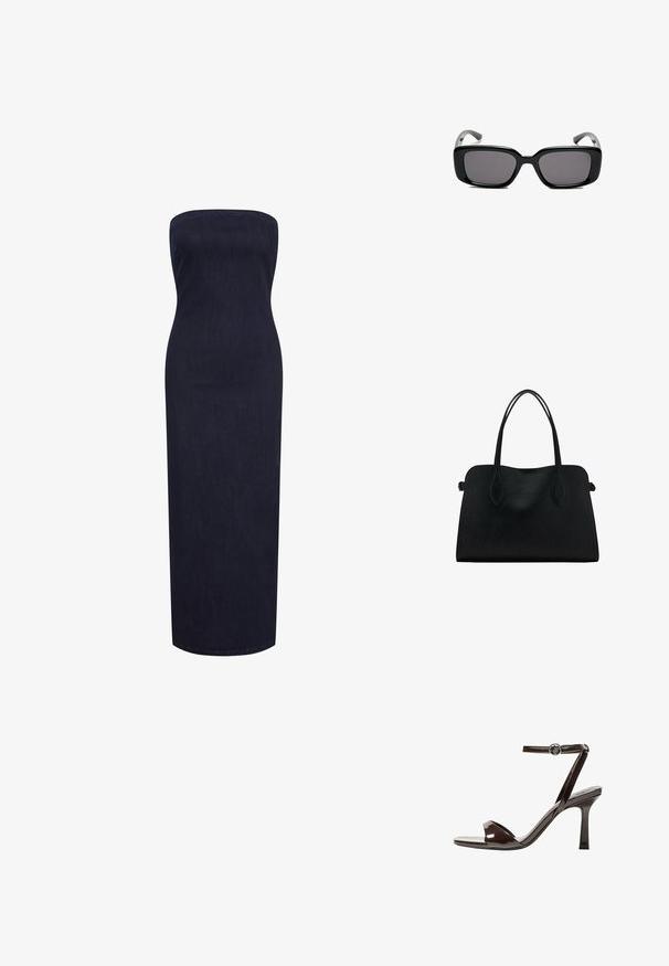 Axellös, kroppsnära maxiklänning i mörk denim, med en rak silhuett och en slät textur utan synliga knäppningar eller dekorationer.; Bruna lackläder högklackade sandaler med ankelrem, öppen tå och en elegant, minimalistisk design. Har en fyrkantig klack.; Svarta rektangulära solglasögon med mörka linser, slimmad plastbåge och böjda tempel. Designen är kraftig med en minimalistisk estetik.; Svart läderhandväska med dubbla axelremmar, rektangulär form och minimalistisk design på vit bakgrund.