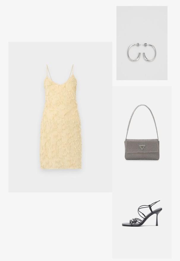 Sárga ujjatlan ruha, mely testhez simuló sziluettel rendelkezik. Strukturált felülettel bír, frufru részletekkel az egész ruha területén. Spagetti pántokkal és V-nyakkivágással.; Fekete magas sarkú szandálok vékony pántokkal, csomózott mintával, sima négyzetes orral és karcsú stiletto sarkal rendelkeznek.; Világosszürke fémes kézitáska lánc pánttal, kis kör alakú fém kifinomult díszítéssel és háromszög alakú márkagéppel.; Ezüst karika fülbevalók sima, fényes felülettel. Lekerekített forma, könnyű kialakítással, tűs zárómechanizmussal.