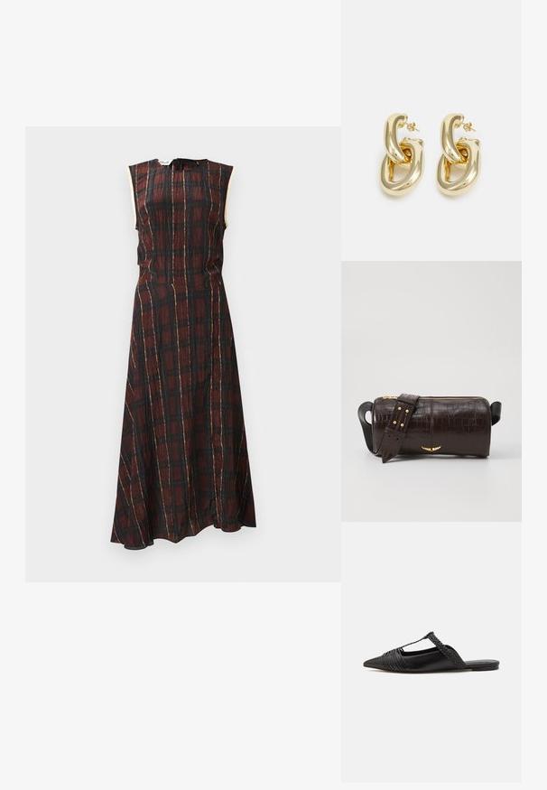 Sleeveless plaid dress in dark red and black, featuring gold accents, a fitted bodice, and a flowy skirt with a side slit.; Black leather slingback shoe with a pointed toe, featuring a woven accent and pleated upper design. Flat sole with minimal hardware.; Brown crocodile-embossed leather bag with a cylindrical shape, gold-tone hardware, and a detachable strap featuring studs.; Rabanne XL LINK DOUBLE HOOP EARRINGS - Earrings - gold-coloured