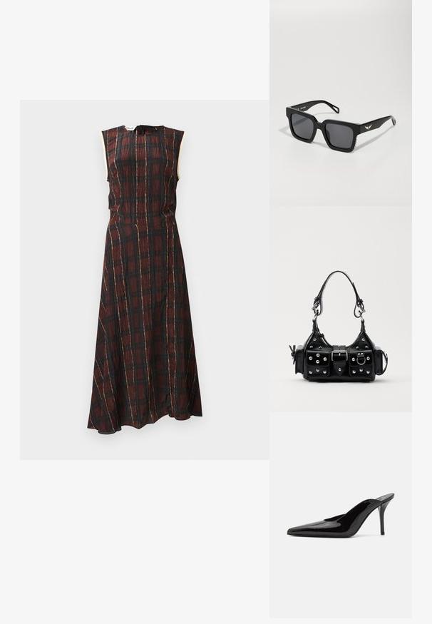 Bez piedurknēm svārku kleita tumši sarkanā un melnā krāsā, ar zelta akcentiem, pieguļošu augšu un plūstošu svārku ar sānu šķēlumu.; Melnas patentētas ādas augstpapēžu muļlas ar smailu purngalu un gludu siluetu, ar atvērtu aizmuguri un slaidu stiletto papēdi.; Melni kvadrātveida saulesbrilles ar tumšiem stikliem, gluda plastmasas rāmja un smalkiem spārnu līdzīgiem akcentiem uz tempļiem.; Melnas ādas rokturmais ar izliekumu, ar sudraba iedurtiem, sprādzi un divām sānu kabatām. Regulējams siksniņas garums dažādām nēsāšanas iespējām.