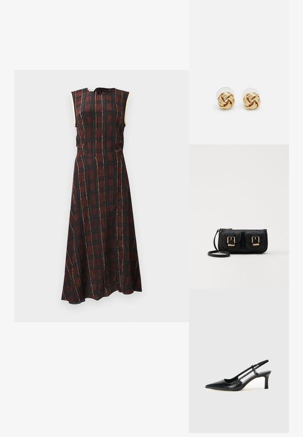 Bešlys platus suknelė tamsiai raudona ir juoda, su aukso akcentais, prigludusia liemene ir plačia sijonu su šoniniu plyšiu.; Juodai lakuoti slingback aukštakulniai su smailiu nosiu, su tekstūruotu gyvatės raštu, reguliuojama juosta ir trumpu, tekstūruotu blokiniu kulnu.; Juodas odinis per petį nešiojamas krepšys su dviem priekiniais kišenėmis, auksiniais sagtimis, užtrauktuko uždarymu ir siauromis petnešomis. Textūruota paviršius ir kompaktiškas stačiakampis formatas.; Aukso spalvos mazgo auskarai su sukimo dizainu. Kiekvienas auskaras turi apvalų skaidrų pagrindą, užtikrinantį saugų dėvėjimą.