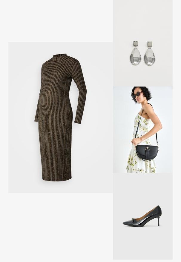 Hosszú ujjú, testhezálló kötött ruha, álló gallérral, fekete és arany függőleges csíkos mintázattal. Fél térd alatti hosszúságú.; Fekete lakkbőr magassarkú cipő hegyes orral, díszes pánttal elöl, és vékony stiletto sarokkal.; Fekete bőrtáska ívelt formával, levehető pánttal és arany színű fémrészekkel. A táskán egy csattal díszített fedél található.; Ezüst csepp fülbevalók négyzet alakú fülbevalóval, sima, fényes felülettel és csepp formával, amely fényt tükröz egy fényes felületen.