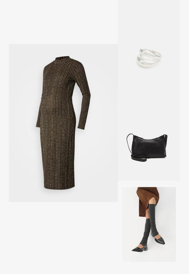 Pikad varrukad, kehaümber ja smartest kootud kleit, millel on vale kaelus ja must-kuldne vertikaalne triibumuster. Keskmise säärte pikkusega.; Mustad patsaline odav värviga kingad, millel on kreen ja pahkluuring, on paaritatud hallide ribakudumitega sääremiidega ja pruunist nahast seelikuga.; Mustmust nahk õlakotil on sile tekstuur, kumer kuju, reguleeritav rihm ja lukuga sulgemine. Minimalistlik disain ilma kaunistusteta.; Hõbedane kahekordne rõngas sujuva, poleeritud pinnaga. Omab voolavat, kõverat disaini, millel on kattuvad sektsioonid, et saavutada kaasaegne ilme.