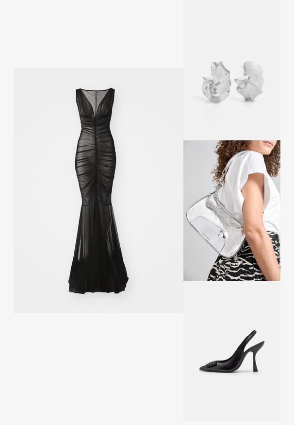 Robe de soirée noire sans manches avec des détails plissés, superposition transparente, corsage ajusté et ourlet évasé. Dotée d'un décolleté en V et de drapés délicats.; Chaussure slingback en cuir noir avec un bout pointu, un talon haut fin et un accent de nœud décoratif. Texture lisse et design élégant.; Sac à épaule en métal argenté avec une texture lisse, un design incurvé, une bandoulière en chaîne et un panneau avant poli présentant une gravure discrète du logo.; Boucles d'oreilles en argent avec un design en spirale fluide. Texture lisse avec une finition polie. Présente un éclat subtil et sans ornements visibles.