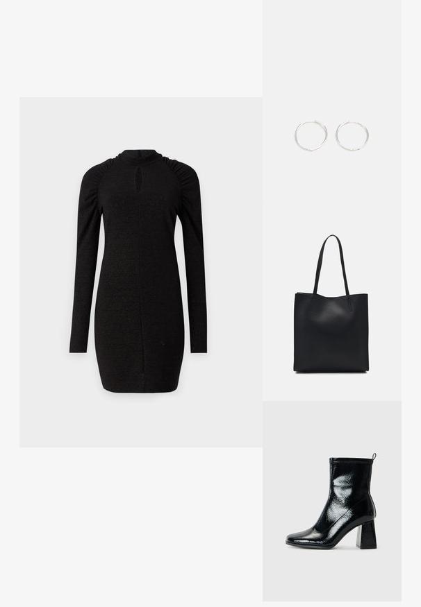 Rochie neagră cu mâneci lungi, confecționată dintr-un material texturat, având un guler înalt și detalii încrețite pe umeri, cu o decupare în formă de cheie pe față.; Botine negre din patent, cu vârf pătrat și toc geometric masiv. Prezintă o textură netedă și lucioasă și o bandă de prindere la spate pentru a fi ușor de purtat.; Geantă tote neagră din piele, cu textură netedă, formă rectangulară și două mânere lungi. Fără hardware vizibil sau ornamente.; Cercei din argint cu un design elegant și rotund, având o suprafață netedă și fără embellismente vizibile. Diametrul nu este specificat.