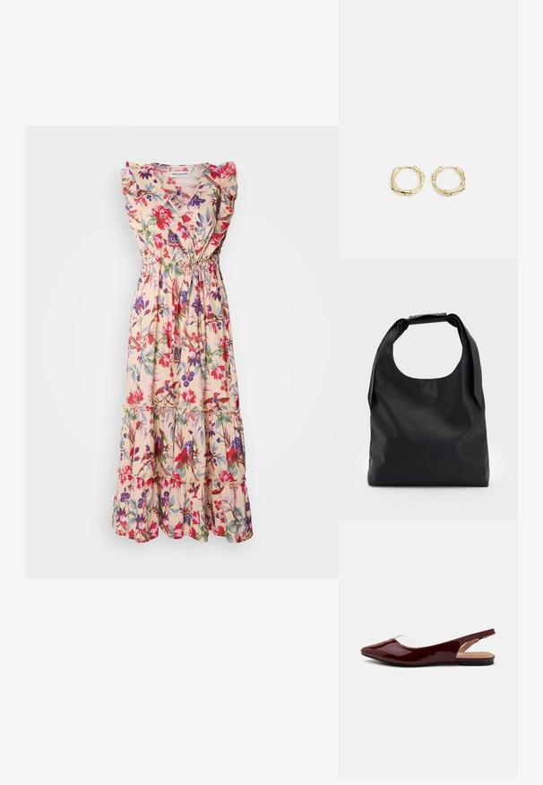 Kukallinen maksimekko, jossa on vaaleanbeige tausta, röyhelöiset hihnat, syvä V-aukko, joustava vyötärö ja kerroksellinen hame, jossa on kirkkaan punaisia ja violetit kukkia.; Burgundy patentitokot slingback-kengät, joissa on terävä kärki, läpinäkyvä aukko ja musta litteä pohja. Sileä pinta, minimalistinen muotoilu.; Musta nahkainen hobo-laukku, jossa on yksi pehmeä, pyöreä kahva; ominaisuuksina sileä pinta ja minimalistinen muotoilu. Ei näkyvää metalliosaa tai koristeita.; Kultaiset renkaat, joissa on teksturoitu, epäsäännöllinen muoto. Varustettu saumattomalla suljinnalla ja kiillotetulla pinnalla, mikä korostaa modernia muotoilua.