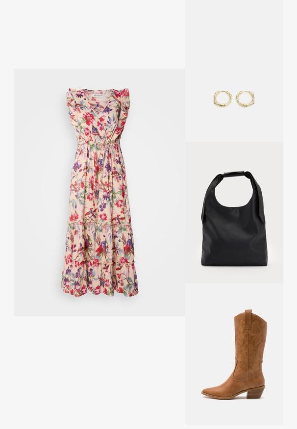 Cvetna maksi obleka z lahkim bež ozadjem, nabranimi rokavi, globokim V-izrezom, elastičnim pasom in večplastno krilo z živahnimi rdečimi in vijoličnimi cvetovi.; Rjavi usnjeni kauboj čevlji s koničastim nosom, vezenimi vijugastimi vzorci na zgornjem delu in zloženim kvadratnim peto. Imajo zanko za enostavno obuvanje.; Črna usnjena torba hobo z enim mehkobnim, okroglim ročajem; ima gladko teksturo in minimalističen dizajn. Brez vidnih kovinskih delov ali poudarkov.; Zlate obročaste uhane z teksturirano, nepravilno obliko. Imajo brezšivno zapiranje in poliširano površinsko obdelavo, kar poudarja sodoben dizajn.