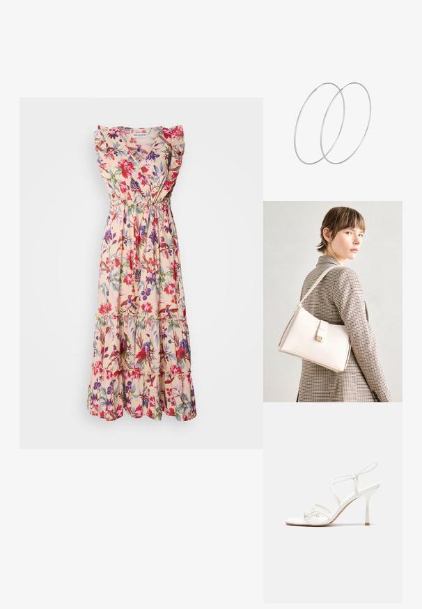 Blommig maxiklänning med en ljusbeige bakgrund, volangärmar, djup V-ringning, elastisk midja och en lager-på-lager kjol med livliga röda och lila blommor.; Vit remsandaler med hög klack, platt tårbas, strukturerad framdel med rynkade detaljer och en smal vristrem.; Vit läderhandväska med en strukturerad design, med en magnetknäppning och en axelrem, visad mot en neutral bakgrund.; Silverfärgade hoopörhängen med en minimalistisk design. Cirkulär form, slät yta och tunn profil. Lätta med en polerad finish.