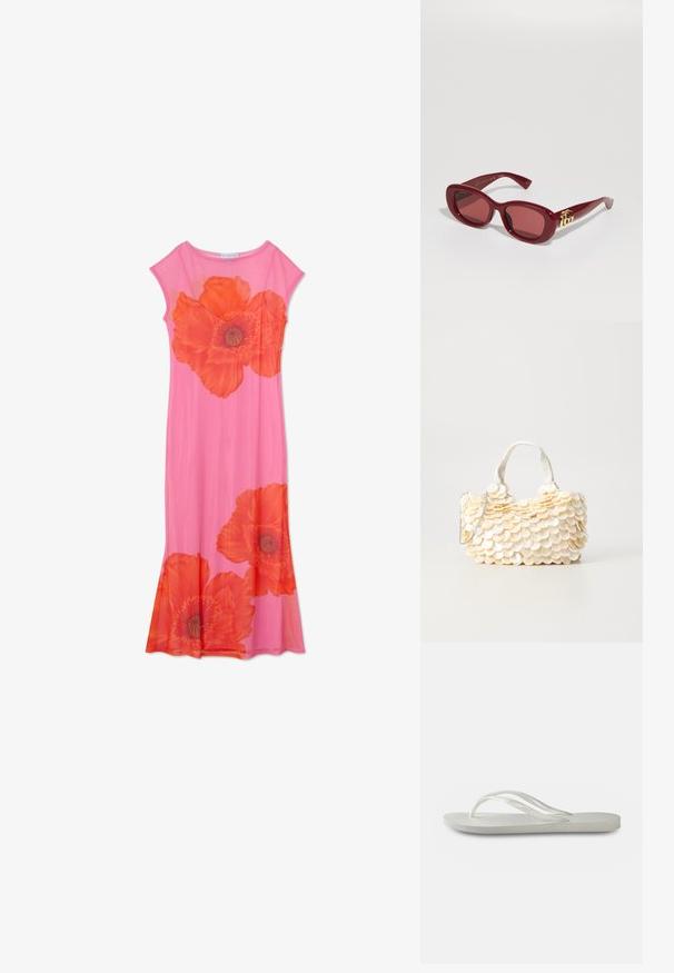 Růžové květinové šaty s velkými oranžovými máky, krátkými rukávy a splývavým střihem. Vyrobeno z lehké tkaniny s hladkou texturou.; Bílé žabky s texturovanou podešví, s tenkými pásky a plochým designem. Vyrobené z gumy s jemným logem na stélce.; Červené plastové sluneční brýle s obdélníkovými rámy, tónovanými skly a zlatým logem na nožičkách. Hladký, lesklý povrch.; Bílá kabelka s texturovanými ozdobami ve tvaru zvlněné mušle. Obsahuje pletenou rukojeť a stříbrný řetízek pro variabilitu.