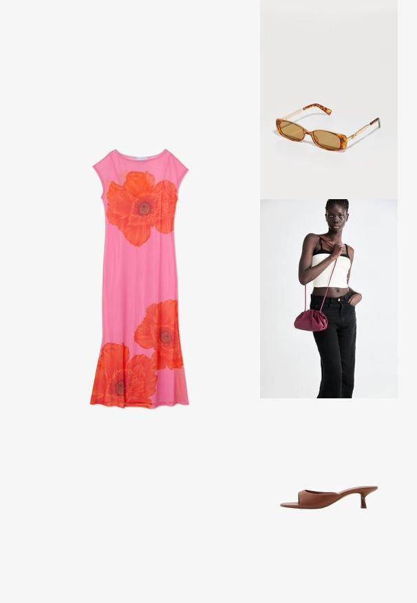Różowa sukienka w kwiaty z dużymi nadrukami pomarańczowych maków, z rękawami typu cap i zwiewnym krojem. Wykonana z lekkiej tkaniny o gładkiej fakturze.; Brązowe klapki na obcasie z odsłoniętymi palcami, o gładkim, matowym wykończeniu, z zakrzywionym kształtem i przezroczystym, zwężającym się obcasem.; Brązowe okulary przeciwsłoneczne w cętki z prostokątnymi oprawkami, złotymi metalowymi ramionami i jasnobrązowymi soczewkami. Elegancki design, bez widocznych logo.; Burgundowa torba na ramię z miękkiego materiału, z marszczonym wzorem i długim paskiem, noszona na krzyż. Modelka nosi białą bluzkę crop top i czarne dżinsy.; Złoty pierścionek z gładką, zaokrągloną obrączką, ozdobiony pięcioma akcentami w kształcie gwiazd, z których każda jest zdobiona kolorowymi kamieniami szlachetnymi w odcieniach różu, zieleni i niebieskiego.
