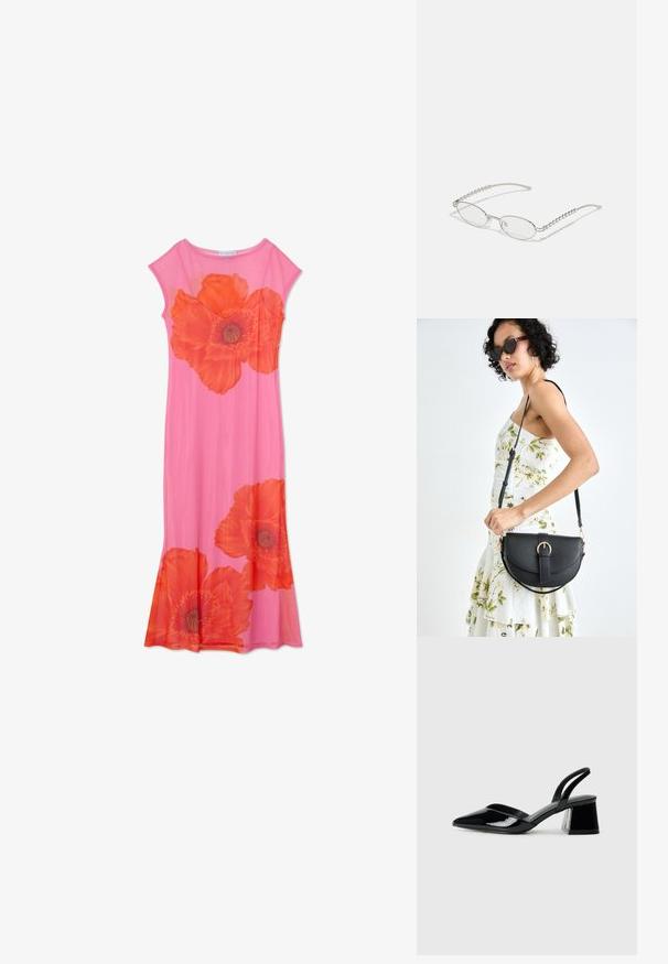 Rosa blomsterkjole med store oransje valmueprint, korte ermer og en flytende design. Laget av lett materiale med glatt tekstur.; Svarte patentlær slingback hæler med spiss tå og geometrisk blokk hæl. Har et stilrent, minimalistisk design og jevn tekstur.; Ovale briller med en metallic sølvramme, klare linser og teksturerte perleakkenter på bøyler. Lett design med buede armer.; Svart lærveske med en buet form, avtagbar stropp og gullbeslag. Vesken har et klaff med spenne-detall.