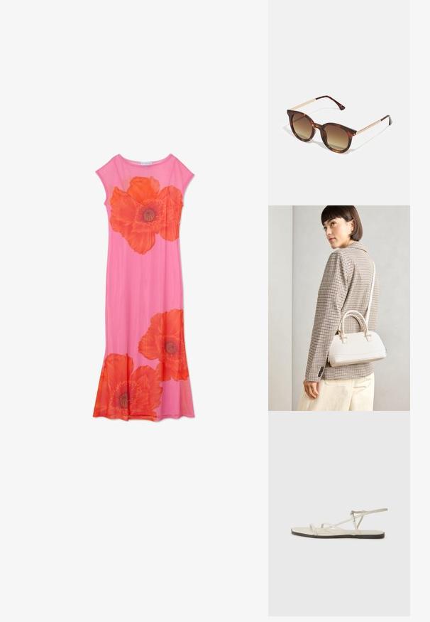 Roosa lilleline kleit, millel on suured oranžid mooniprindid, kapuutsid ja voolav disain. Valmistatud kerge kangast, sile tekstuur.; Bežid lame sandaal, millel on mitu peenikest rihma ja reguleeritav pandla. Tallal on lame pind, mille ääres on kerge tumedam kontrast.; Kilpkonnakujulised päikeseprillid, millel on pruunid gradient objektiivid, ümar kuju ja kuldtooni metallaktsendid tempelitel.; Valge struktureeritud käekott lühikeste käepidemete ja õlavööga, millel on kuldse riistvara aktsendid ja tekstuuriga materjal, eksponeeritud halli taustal.