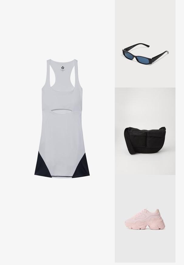 Witte sportieve jurk met uitsnijdingen, racerback ontwerp en zwarte mesh accenten aan de zoom. Gemaakt van rekbaar, lichtgewicht materiaal.; Roze sport sneaker met een gestructureerd mesh en synthetisch bovenwerk, dikke rubberen zool en een gebogen ontwerp op de zijpanelen. Vetersluiting.; Zwarte zonnebril met een slank rechthoekig frame en blauwe lenzen. Heeft een gladde textuur en stevige pootjes. Merklogo aan de zijkant.; Zwarte corduroy schoudertas met verstelbare strap, voorzien van voorzakken en een zachte textuur. Compact ontwerp met minimale details.