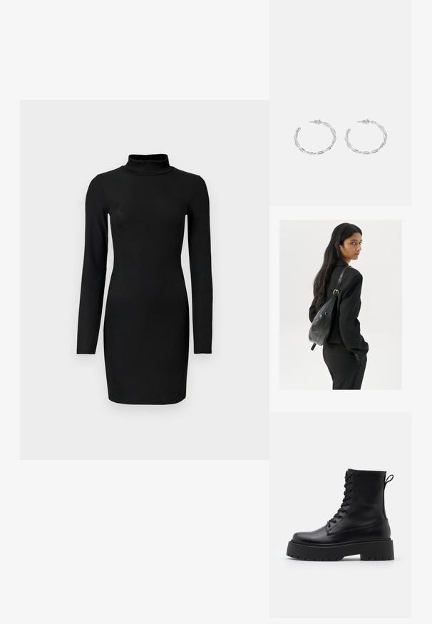 Čierna rebrovaná dlhá sukňa s okrúhlym výstrihom, priliehavým strihom a hladkým povrchom. Dĺžka do polovice stehna a žiadne viditeľné vzory ani akcenty.; Čierne kožené členkové topánky s okrúhlou špičkou, šnurovaním vpredu a hrubou gumovou podrážkou s textúrovaným vzorom. Sťahovací pútko na zadnej strane.; Žena s dlhými tmavými vlasmi, oblečená v čiernom obleku, nesúca čiernu koženú kabelku na ramene, pozerajúca cez rameno na bielom pozadí.; Strieborné kruhové náušnice s prúteným dizajnom, s lešteným povrchom a zapínaním na kolíček. Majú priemer približne 3 cm.
