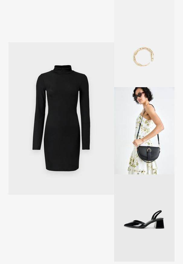 Črna rebrasta obleka z dolgimi rokavi in simuliranim ovratnikom, oprijetega silhuete in gladke teksture. Dolžina do sredine stegna, brez vidnih vzorcev ali akcentov.; Črne lakirane slingback pete s koničastim nosom in geometrijsko blokasto peto. Imajo eleganten, minimalističen dizajn in gladko teksturo.; Črna usnjena torbica s ukrivljeno obliko, z odstranljivo naramnico in zlatimi dodatki. Torbica ima pokrov s podrobnostmi v obliki zaponke.; Zlati prstan s organskim, zvitim dizajnom, gladko površino in taperiranimi konci, ki ustvarja modernega, skulpturalnega videza.