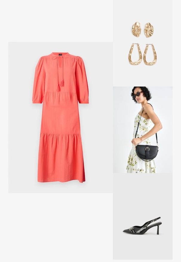 Vestido longo de coral com mangas bufantes a três quartos, decote redondo e detalhe de laço ajustável. Apresenta uma bainha em camadas e flare, feita de tecido texturizado.; Sapato slingback preto em pele patentada com bico apontado, tiras no tornozelo apresentando fivelas e acessórios prateados, e um salto elegante.; Bolsa de couro preta com forma curva, alça destacável e detalhes em dourado. A bolsa possui uma aba com detalhe de fivela.; Brincos em tom de ouro com formas onduladas e texturizadas. Inclui studs escultóricos com presilha e um design de argola aberta com um acabamento martelado.