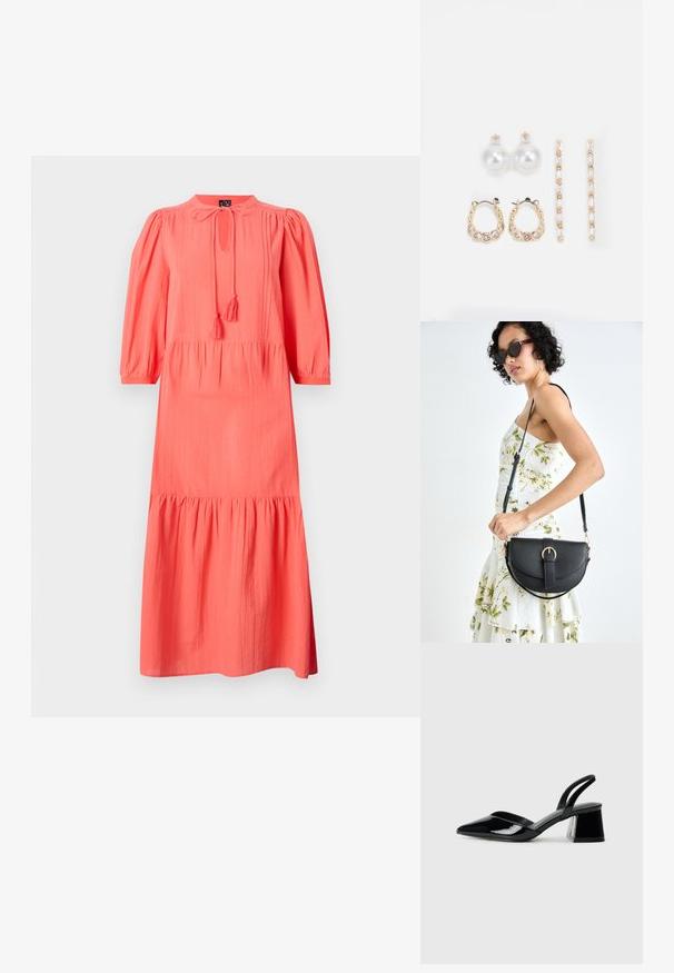 Koralen dolga obleka s tromestnimi nabranimi rokavi, okroglo ovratnico in nastavljivim detajlom z vezalko. Ima večplastni, razširjen rob in teksturirano tkanino.; Črne lakirane slingback pete s koničastim nosom in geometrijsko blokasto peto. Imajo eleganten, minimalističen dizajn in gladko teksturo.; Črna usnjena torbica s ukrivljeno obliko, z odstranljivo naramnico in zlatimi dodatki. Torbica ima pokrov s podrobnostmi v obliki zaponke.; Tri para uhani: veliki beli biserni uhani, zlate obroče s prozornimi dragulji in dva dolga, ravna zlate uhan s svetlečimi podrobnostmi.
