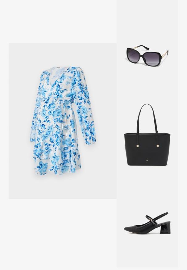 Virágmintás, fehér színű, bő szabású ruha kék virágokkal. Hosszú puffos ujjakkal, deréknál megkötővel és réteges fodros részletekkel a szegélyén.; Fekete lakk bőr, pántos magassarkú cipő, hegyes orral, lekerekített kivágással és tömbsarkal. Arany színű csat díszíti.; Fekete, oversize napszemüveg fokozatos árnyalatú lencsékkel, vastag kerettel és arany színű lánc díszítéssel a szárakon.; Fekete tote táska szintetikus anyagból, egyszerű téglalap formájú dizájnnal, arany négyzet díszítésekkel és dupla fogantyúkkal.