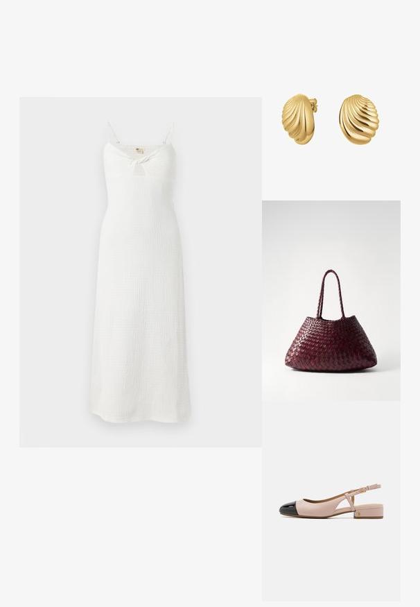 White, sleeveless dress with a knotted front detail. Made of textured fabric, it has a fitted bodice and a flowy, ankle-length skirt.; Slingback shoe with a blush leather upper and glossy black cap toe. Features a small block heel and an adjustable ankle strap.; DRAGON DIFFUSION SANTA CROCE BIG - Handbag - bordo; Gold-tone shell-shaped earrings with a ridged texture and polished finish. Stud style with a secure post closure.