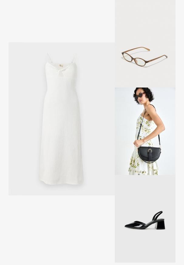 Witte, mouwloze jurk met een geknoopte details aan de voorkant. Gemaakt van gestructureerde stof, heeft het een aansluitende lijfje en een vloeiende, enkel-lange rok.; Zwarte gepatineerde leren slingback hakken met een spitse neus en een geometrische blokhak. Kenmerkt zich door een slank, minimalistisch ontwerp en een gladde textuur.; Bruine schildpadbril met ovale lenzen, dunne armen en transparante accenten. Heeft een subtiele logo op de tempel. Strak, lichtgewicht ontwerp.; Zwarte leren handtas met een gebogen vorm, afneembare schouderband en gouden hardware. De tas heeft een klep met een gespsluiting.