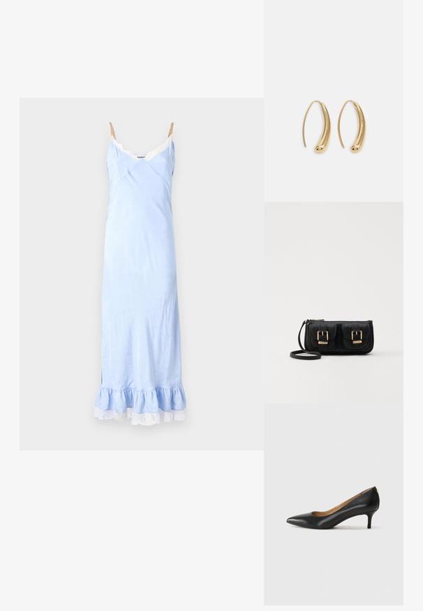 Šviesiai mėlynas slipinis suknelė su nėriniu, plonais petnešėlėmis ir raukšlėtu kraštu. Vientisa medžiaga su švelniu raštu visame paviršiuje.; Juodos odinės aukštakulnės bateliai su smailiu nosiu, žemu kulnu ir lygiu paviršiumi. Priekyje yra nedidelis atvirumas, o gale minimalus apdaila.; Juodas odinis per petį nešiojamas krepšys su dviem priekiniais kišenėmis, auksiniais sagtimis, užtrauktuko uždarymu ir siauromis petnešomis. Textūruota paviršius ir kompaktiškas stačiakampis formatas.; Auksinės metalinės auskarų kabės su lenktą, pailgą forma. Turi lygų, blizgantį paviršių ir užapvalintą galiuką papildomam akcentui.