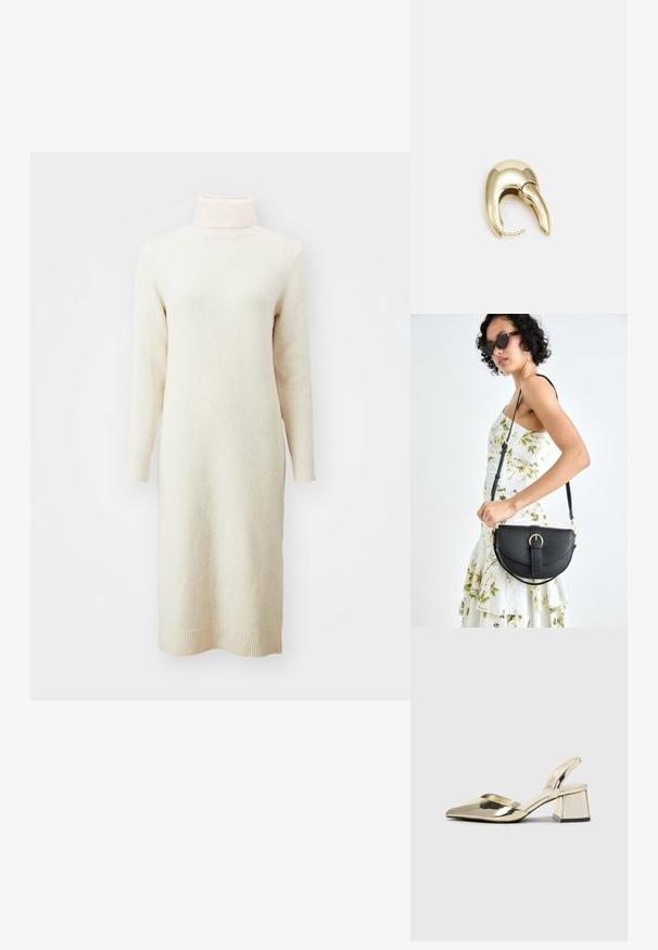 Krämfärgad stickad klänning med hög polokrage, långa ärmar och ribbade manschetter, med en mjuk, texturerad yta.; Guld, metalliska slingback-klackar med spetsig tå och chunky klack. Slät textur, minimalistisk design och en smal rem.; Svart läderhandväska med en böjd form, avtagbar rem och guldiga detaljer. Väskan har ett lock med en spänndetalj.; Örhänge i guldtonad metall med en elegant, böjd design. Har en distinkt spetsig form, polerad yta och gångjärnslås.