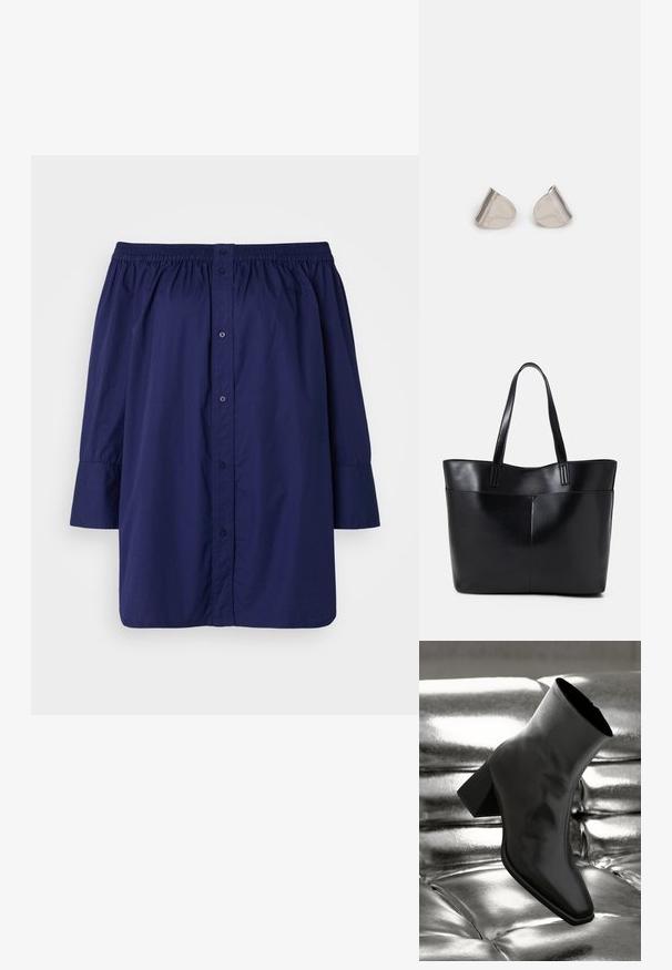 Marineblå avskåret skulderskjorte laget av lett stoff. Har knappestenging, elastisk halslinning og lange, lett puffete ermer.; Sorte ankelstøvler laget av blankt materiale med firkantet tå og avsmalnende hæl, plassert mot en glinsende sølvfarget tuftet bakgrunn.; Svart lær toteveske med to lange håndtak, en glatt tekstur og en strukturert form. Har en frontlomme for ekstra oppbevaring.; Sølvmetalløreringer med en jevn, dråpeform og en polert finish. Subtile graveringer legger til detaljer. Minimalistisk design.