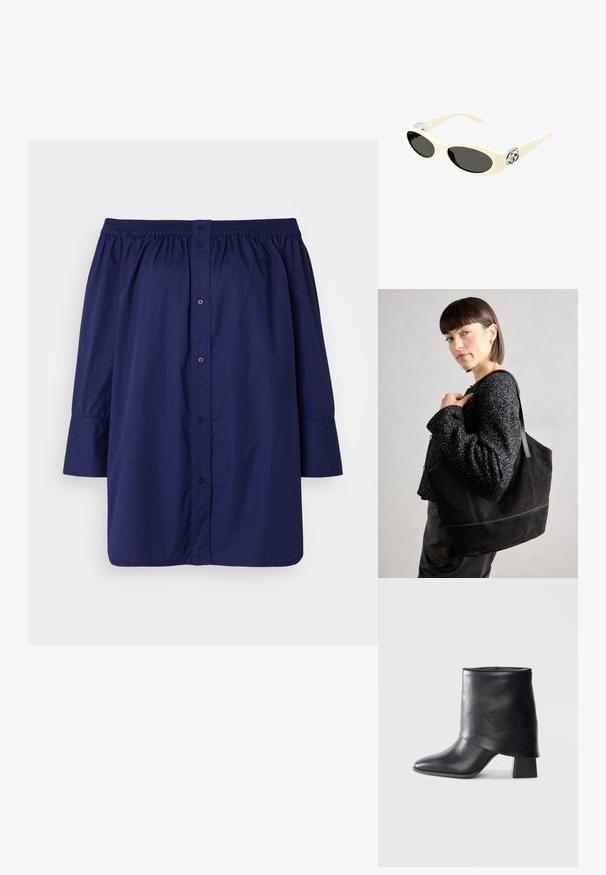 Marineblaue Off-Shoulder-Bluse aus leichtem Stoff. Verfügt über eine Knopfverschluss, einen elastischen Halsausschnitt und lange, leicht gepuffte Ärmel.; Schwarze Lederstiefelette mit spitzer Zehenform, glatter Oberfläche und strukturiertem Blockabsatz. Mit einem hohen, gefalteten Schaftdesign.; Cremefarbene Sonnenbrille mit ovalen Gläsern, schwarzem Tönung und metallischen Logoakzenten an den Schläfen. Glatte Textur, Cat-Eye-Design.; Schwarze Wildleder-Tote-Tasche mit glatter Textur, strukturiertem Design und kontrastierenden Nähten. Verfügt über lange Träger zum Tragen über der Schulter.