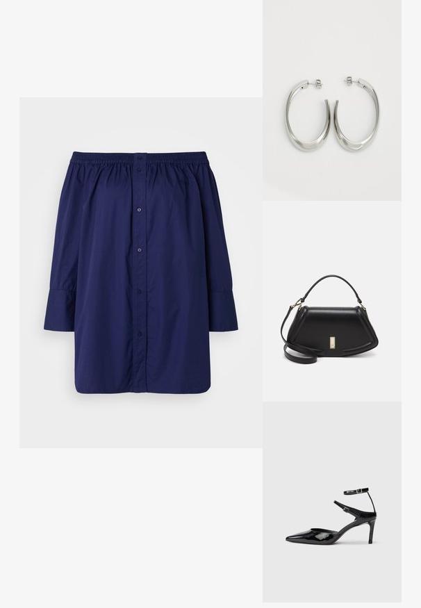 Mörkblå off-shoulder skjorta i lätt tyg. Har knäppning framtill, elastisk halsringning och långa, lätt puffiga ärmar.; Svarta lackskinnshälar med spetsig tå, justerbara ankelremmar och en smal klack. Slät textur med en glänsande yta.; Svart läderhandväska med en strukturerad design, som har en avskuren form, ett handtag upptill och guldiga detaljer. Justerbar axelrem ingår.; Silverfärgade hoopsörhängen med en slät, böjd design. Har en glänsande metallisk yta och ett stiftlås. Inga synliga mönster eller detaljer.