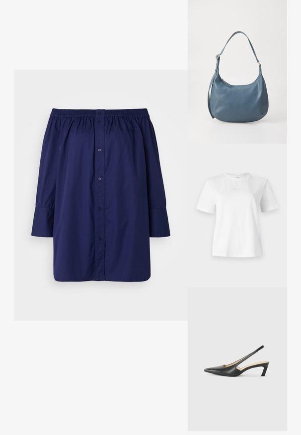 Marineblå avskåret skulderskjorte laget av lett stoff. Har knappestenging, elastisk halslinning og lange, lett puffete ermer.; Hvitt bomull T-skjorte med korte ermer, rund hals og en subtil preget Calvin Klein-logo på forsiden. Glatt tekstur, klassisk passform.; Svart spiss tå slingback-sko med lav hæl, laget av jevnt skinnmateriale og med utskåret design på siden for pusteevne.; Blå lærveske med rund form, enkel skulderreim, glidelås-lukking og preget merkenavn på forsiden. Glatt tekstur.