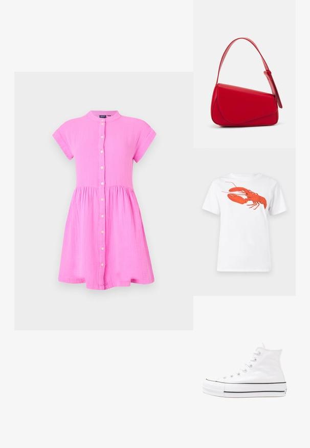 Rozā kokvilnas kleita ar īsām piedurknēm, pogu aizdare pa priekšu un izplestām malām. Tekstūra ir viegla un nedaudz krunkaina.; Balta kokvilnas T-krekls ar lielu, spilgti sarkanu omāru grafiku uz priekšu. Īsas piedurknes un standarta apļveida kakla dizains.; Balti augstie kanvas sporta apavi ar melnu gumijas zoli, priekšējo gumijas purngalu un sešām acīm lencēm, kuriem ir tīrs, minimālistisks dizains.; Sarkans ādas rokassomi ar stūrainu, ģeometrisku dizainu. Iekļauj vienu regulējamu siksnu un vāku ar izšūtu detaļu.