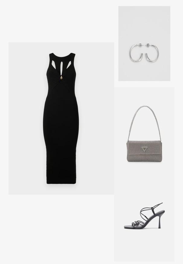 Mustmustard ribaga kootud kleit, millel on liibuv siluett, sisaldab võtmeauguga lõike ja kuldset aktsenti keskosas. Varrukateta disain.; Mustad musta värvi kontsandaalid on varustatud peente rihmadega, millel on sõlmekujundus, siledad ruudukujulised varbad ja stiilne stilettokonts.; Helehall metallik handbags, millel on kett, kaunistatud väikeste ümmarguste metallist õmblustega ja kolmnurkse brändi logoga.; Hõbedased rõngaskõrvarõngad, millel on sile ja läikiv pind. Ümar kuju, kerge disain, millel on post-tagumise kinnituse süsteem.