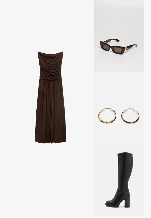 Ruskea hihaton mekko, jossa on kerätty kangas bodicessa ja laskokset hameessa, valmistettu pehmeästä ja kevyestä materiaalista.; Mustat polvipituiset saappaat, jotka on valmistettu sileästä materiaalista. Niissä on paksu lohkarekenkä, pyöreä kärki ja huomaamattomia ompeluyksityiskohtia.; Mustat kilpikonnaruudulliset aurinkolasit, joissa on suorakulmaiset linssit, ruskea sävy, paksu kehys ja kultainen tupla-G-logo yksityiskohta templeissä.; Kultaiset renkaat korvakorut, joissa on kilpikonnakuosiset hartsireunat, sileä pinta ja tyylikäs, pyöreä muoto.