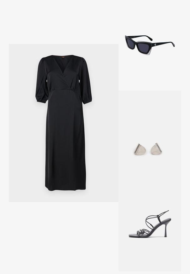 Juodas apvalkalas, pagamintas iš sklandžios medžiagos, su giliu V formos iškirpimu, trimis ketvirtadaliais pūstomis rankovėmis ir prigludusia juosmens dalimi, krentantis iki vidurinio blauzdos ilgio.; Juodos aukštakulnės sandalai pasižymi plonyčiais dirželiais su mazgo dizainu, lygiu kvadratiniu pirštu ir elegantišku stiletto kulnu.; Juodos didelės saulės akinių su geometrine forma, turinčiais tamsius objektyvus ir kontrastingą pilką detalę ant rėmelio. Logotipas ant šalon.; Sidabriniai metaliniai auskarai su lygiu, ašaros formos dizainu ir blizgiu paviršiumi. Subtilūs raižiniai prideda detalumo. Minimalistinis dizainas.