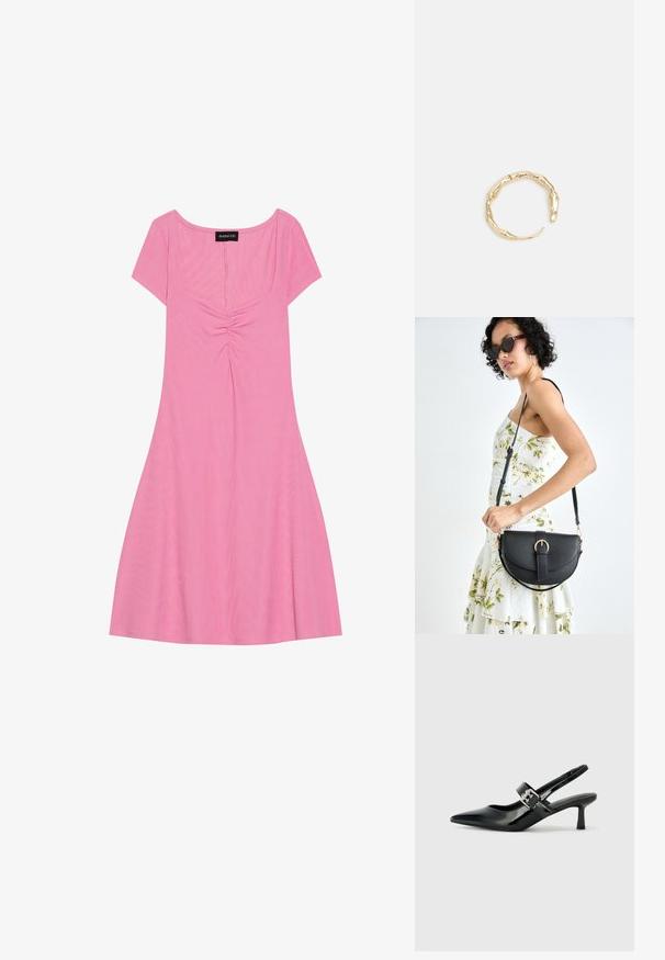 Rosa kurzärmliges Kleid mit quadratischem Ausschnitt, das an der Vorderseite Raffungselemente und einen fließenden Rock aufweist. Hergestellt aus weichem, geripptem Stoff.; Schwarze Lackleder Slingback-Absätze mit spitzem Zeh und kleinem Blockabsatz, ausgestattet mit einem silbernen Schnallenakzent am Riemen.; Schwarze Lederhandtasche mit geschwungener Form, abnehmbarem Tragegurt und goldenen Beschlägen. Die Tasche verfügt über einen Deckel mit einer Schnallen-Details.; Goldfarbener Ring mit einem organischen, gedrehten Design, glatter Oberfläche und sich verjüngenden Enden, was ein modernes, skulpturales Erscheinungsbild erzeugt.