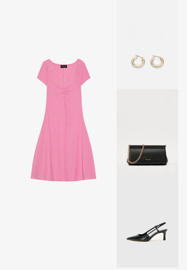 Rozā īso piedurkņu kleita ar kvadrātu dekoltē, kurai priekšpusē ir savāktas detaļas un plūstošs svārks. Izgatavota no mīksta, ribotā auduma.; Melna patent āda ar slīdošo papēdi un smailo purngalu, ar teksturētu čūsku drukājumu, regulējamu siksniņu un īsu teksturētu blokpapēdi.; Melns ādas apliecības soma ar zelta ķēdes siksnu, ar gludu tekstūru, taisnstūra formu un izspiestu zīmolu uz priekšpuses.; Lauren Ralph Lauren BASIC SMALL HOOP - Auskari - gold-coloured