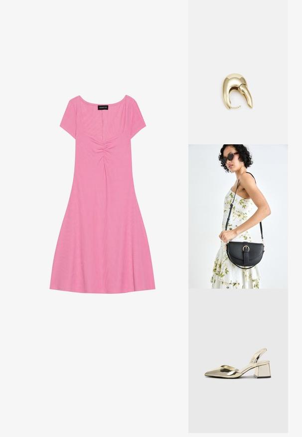 Růžové šaty s krátkým rukávem a čtvercovým výstřihem, s nařasením na přední straně a splývavou sukní. Vyrobeno z měkké, žebrované tkaniny.; Kovové zlaté pantofle na podpatku s špičatou špičkou a masivním podpatkem. Hladký povrch, minimalisticý design a úzký pásek.; Černá kožená kabelka s křivkovým tvarem, odnímatelným popruhem a zlatými detaily. Kabelka má klopu s přezkou.; Náušnice ve zlatém tónu z kovu s elegantním zakřiveným designem. Vyznačují se jedinečným špičatým tvarem, lesklým povrchem a závěsem na kloub.