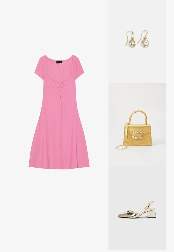 Rozā īso piedurkņu kleita ar kvadrātu dekoltē, kurai priekšpusē ir savāktas detaļas un plūstošs svārks. Izgatavota no mīksta, ribotā auduma.; Zeltaini, metāla kurpes ar siksniņām, norakans purngalis un masīla papēdis. Gluda tekstūra, minimālisma dizains un šaura siksna.; Dzeltena mākslīgā krokodila roku soma ar strukturētu dizainu, augšējo rokturi, noņemamu ķēdes siksniņu un dekoratīvām kristāla rotājumiem aizdares daļā.; Zelta tonī veidotas auskaru piekariņi ar ovālu izgriezumu caurspīdīgām kristālēm, kuras ieskauj mazākas caurspīdīgas akmeņu daļiņas, ar āķveida dizainu drošai valkāšanai.