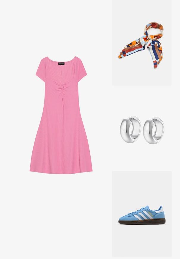 Rosa kurzärmliges Kleid mit quadratischem Ausschnitt, das an der Vorderseite Raffungselemente und einen fließenden Rock aufweist. Hergestellt aus weichem, geripptem Stoff.; Helles blaues Wildleder-Sneaker mit weißen Lederstreifen, einer braunen strukturierten Sohle und goldenen Logodetails. Niedrig geschnittenes Design mit runder Zehenpartie.; Seidenschal mit einem farbenfrohen Blumen- und geometrischen Muster in Orange-, Blau-, Braun- und Cremetönen. Trianguläre Enden mit glatter Textur.; Silberfarbene Creolen mit polierter Oberfläche, runder Form, glatter Textur und sicherem Verschlussmechanismus.